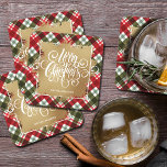 Porta-copo De Papel Quadrado Dourada Xadrez de Natal Feliz<br><div class="desc">Feliz Natal em letras brancas em chic num esboço de folha de ouro falsa,  estas portas copos apresentam um fundo de xadrez vermelha,  verde e branca de feriado e são personalizadas com o seu nome. Chapas,  guardanapos e mais na nossa loja.</div>