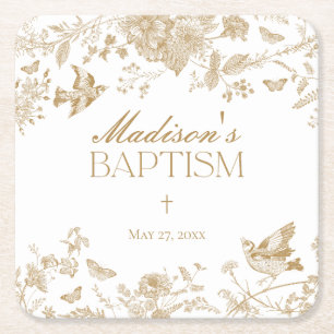 Porta-copo De Papel Quadrado Dourado Toile De Jouy Vintage Baptismo Floral