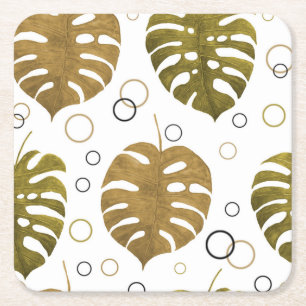 Porta-copo De Papel Quadrado Dourado tropical: Monstera Leaf Watercolor