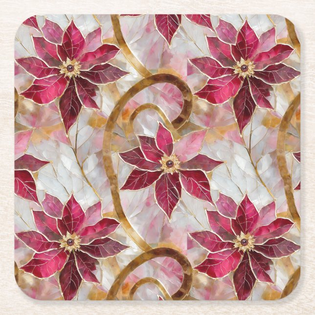 Porta-copo De Papel Quadrado Dourados Swirls Borgonha Rosa Poinsettias de Natal (Frente)