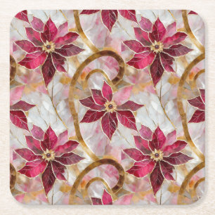 Porta-copo De Papel Quadrado Dourados Swirls Borgonha Rosa Poinsettias de Natal
