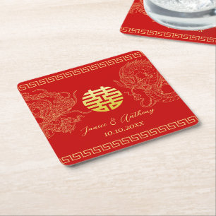 Porta-copo De Papel Quadrado Dragão de casamento chinês vermelho fênix recepção