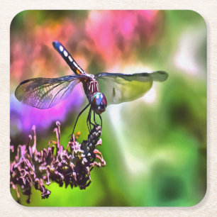 Porta-copo De Papel Quadrado Dragonfly em pintura realística verde e azul