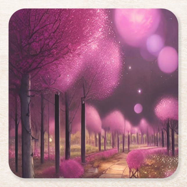 Porta-copo De Papel Quadrado Dreamy Pink Nightscape (Frente)