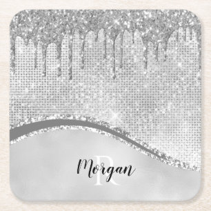 Porta-copo De Papel Quadrado Drives e Sparkle de Silver Glitter, Nome e Monogra