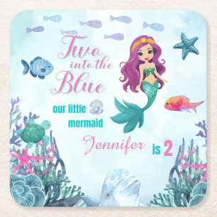 Porta-copo De Papel Quadrado Duas para o Azul Roxo Meninas sereias 2º aniversár