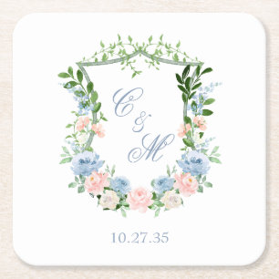Porta-copo De Papel Quadrado Dusty Blue Floral Crest Casamento