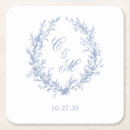 Porta-copo De Papel Quadrado Dusty Blue Monograma Botanical Wreath Casamento
