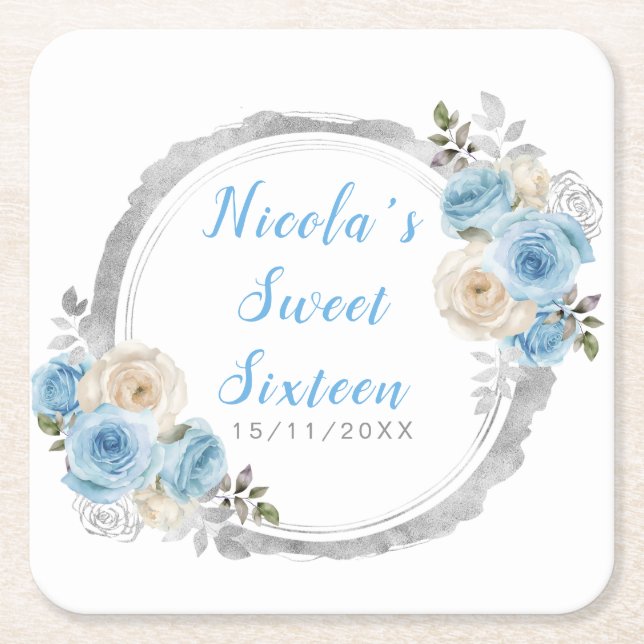 Porta-copo De Papel Quadrado Dusty Blue Silver Elegant Flowers Sweet Sixteen (Frente)