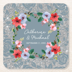 Porta-copo De Papel Quadrado Dusty Blue Silver Glitter Watercolor Floral
