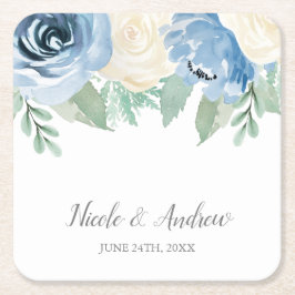 Porta-copo De Papel Quadrado Dusty Blue Watercolor Floral Casamento Personaliza