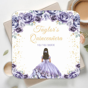 Porta-copo De Papel Quadrado Dusty Purple Princesa Floral Quinceañera