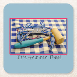 Porta-copo De Papel Quadrado É o Hammer Time Blue Crab com martelo em Gingham