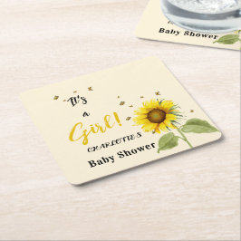 Porta-copo De Papel Quadrado É uma garota! Cores d'água Girassol com Borboletas