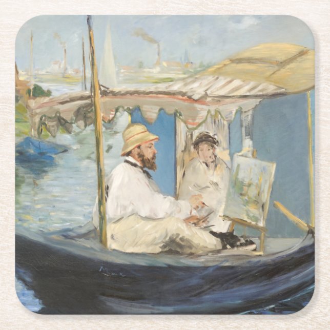 Porta-copo De Papel Quadrado Edouard Manet - Pintura Monet no Barco Estúdio (Frente)