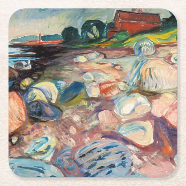 Porta-copo De Papel Quadrado Edvard Munch - Shore com Casa Vermelha (Frente)