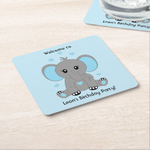 Porta-copo De Papel Quadrado Elefante de bebê bonito em azul para o aniversário