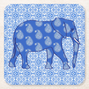 Porta-copo De Papel Quadrado Elefante de Paisley - azuis cobaltos e branco