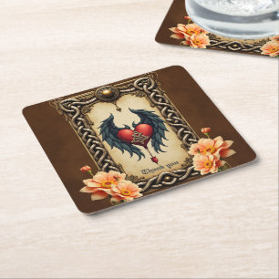 Porta-copo De Papel Quadrado elegância celta com coração e asas.