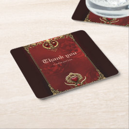 Porta-copo De Papel Quadrado Elegância em brilho vermelho com um coração orname