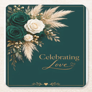 Porta-copo De Papel Quadrado Elegância Esmeralda: Casamento "Celebrando o Amor"