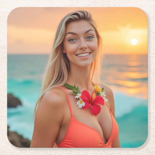 Porta-copo De Papel Quadrado Elegância Tropical: Fotografia de Helena Bikini (Frente)