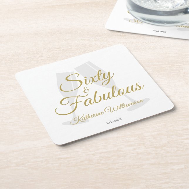 Porta-copo De Papel Quadrado Elegant 60 and Fabulous Birthday Party White Gold  (Inclinado)