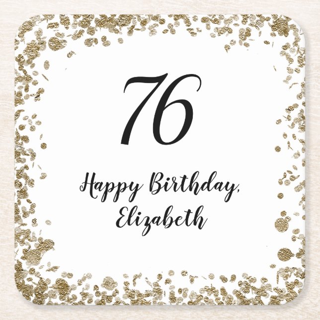 Porta-copo De Papel Quadrado Elegant 76th Birthday Coasters With Gold Sequins (Frente)