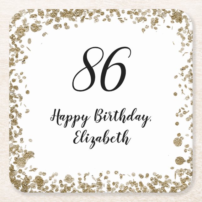 Porta-copo De Papel Quadrado Elegant 86th Birthday Coasters With Gold Sequins (Frente)