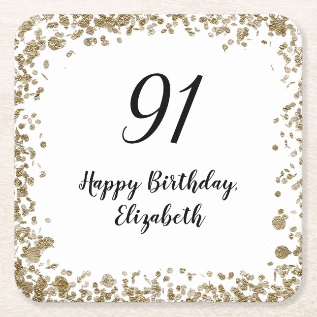Porta-copo De Papel Quadrado Elegant 91st Birthday Coasters With Gold Sequins (Frente)
