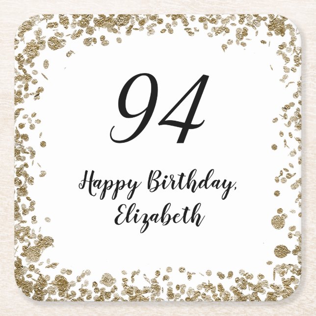 Porta-copo De Papel Quadrado Elegant 94th Birthday Coasters With Gold Sequins (Frente)