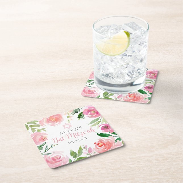 Porta-copo De Papel Quadrado Elegant Bat Mitzvah Party Personalized Pink Floral (Insitu)