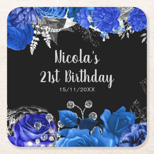 Porta-copo De Papel Quadrado Elegant Blue and Silver Flowers Birthday Party (Frente)