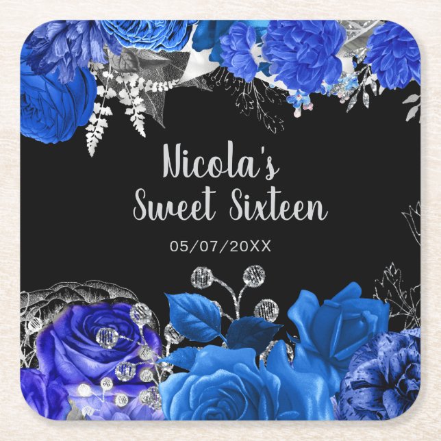 Porta-copo De Papel Quadrado Elegant Blue and Silver Flowers Sweet Sixteen (Frente)