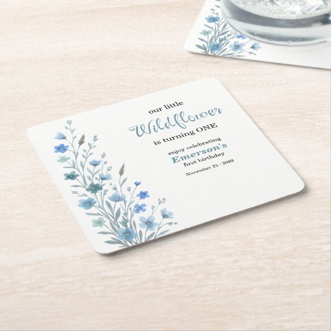 Porta-copo De Papel Quadrado Elegant Blue Wildflower 1st Birthday Party (Inclinado)