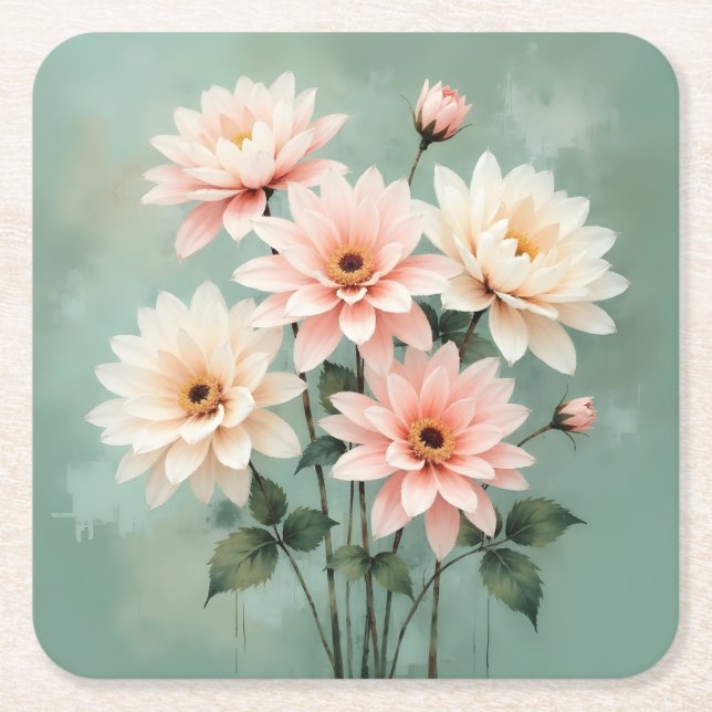 Porta-copo De Papel Quadrado Elegant Blush Chrysanthemum Art (Frente)