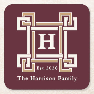 Porta-copo De Papel Quadrado Elegant Burgundy Greek Key Monogram Custom