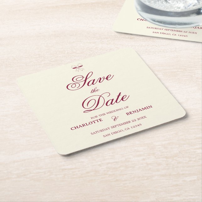 Porta-copo De Papel Quadrado Elegant Burgundy Script Cream Ivory Bow Wedding (Inclinado)