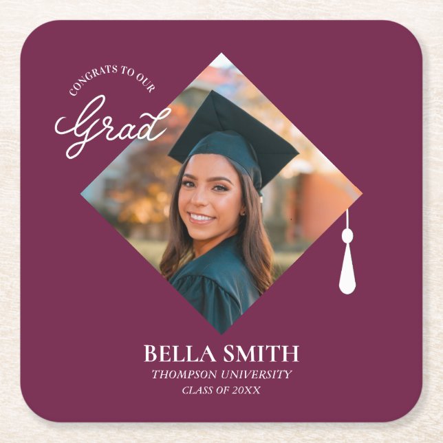 Porta-copo De Papel Quadrado Elegant Chic Photo Script Graduation Party Custom  (Frente)