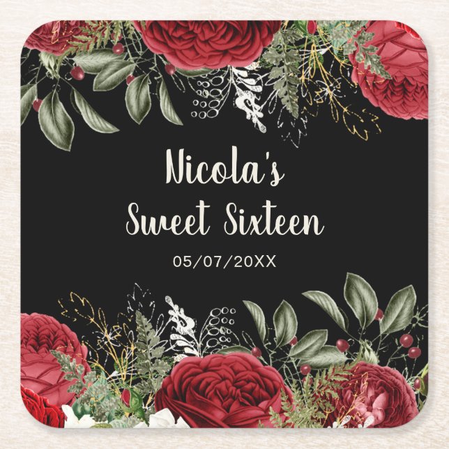 Porta-copo De Papel Quadrado Elegant Christmas Red Flowers Sweet Sixteen (Frente)