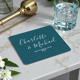 Porta-copo De Papel Quadrado Elegant Deep Teal Script Minimalist Wedding