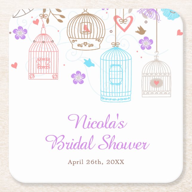 Porta-copo De Papel Quadrado Elegant Floral Purple and Blue Bridal Shower (Frente)