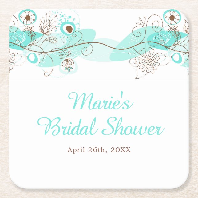Porta-copo De Papel Quadrado Elegant Floral Twist Bridal Shower in Turquoise (Frente)