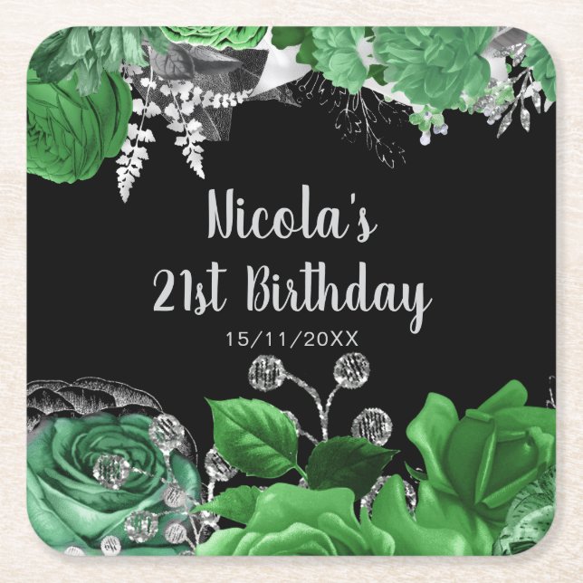 Porta-copo De Papel Quadrado Elegant Green and Silver Flowers Birthday Party  (Frente)