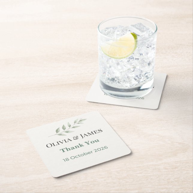 Porta-copo De Papel Quadrado Elegant Greenery Wedding Coasters (Insitu)
