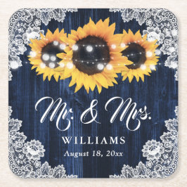 Porta-copo De Papel Quadrado Elegant Navy Blue Wood Lace Sunflower Wedding