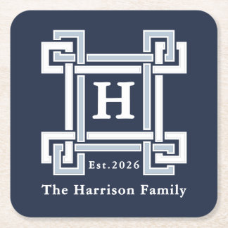 Porta-copo De Papel Quadrado Elegant Navy Coastal Greek Key Monogram