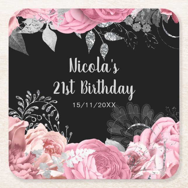 Porta-copo De Papel Quadrado Elegant Pink and Silver Flowers Birthday Party  (Frente)