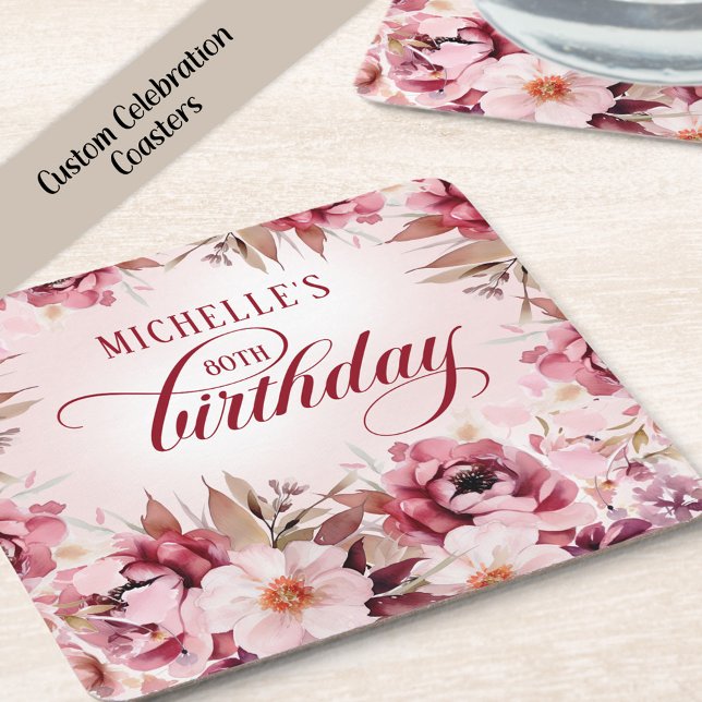 Porta-copo De Papel Quadrado Elegant Pink Burgundy Floral 80th Birthday (Burgundy and. pink watercolor floral birthday party paper coaster)