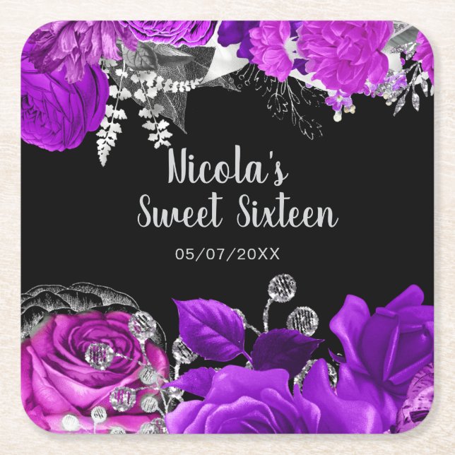 Porta-copo De Papel Quadrado Elegant Purple and Silver Flowers Sweet Sixteen (Frente)